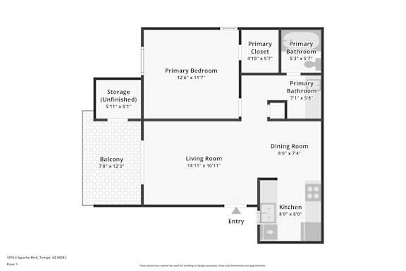 A floor plan of a one bedroom apartment in Tempe, Arizona.