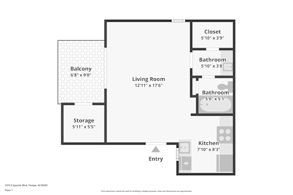 A floor plan of a one bedroom apartment with a balcony.