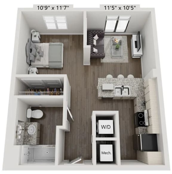 A floor plan of a small apartment with a bedroom, bathroom, and living room.