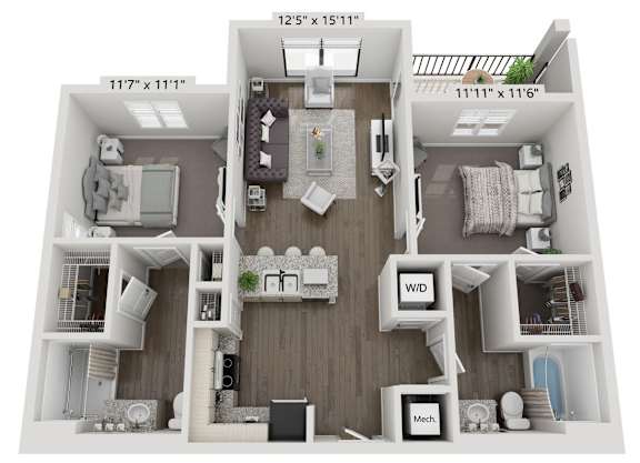 A 3D floor plan of a small apartment with a living room, kitchen, and bedroom.