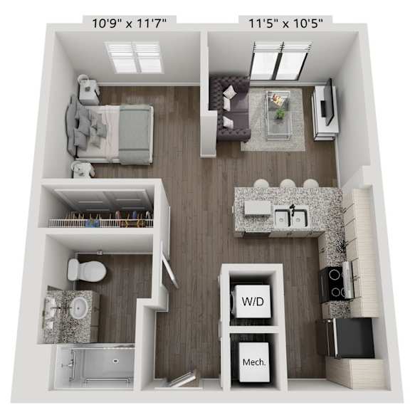 Floor Plan  A diagram shows two different layouts for a small apartment.