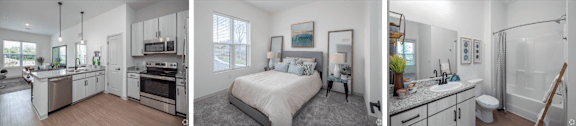 A split image of a bedroom and a kitchen.