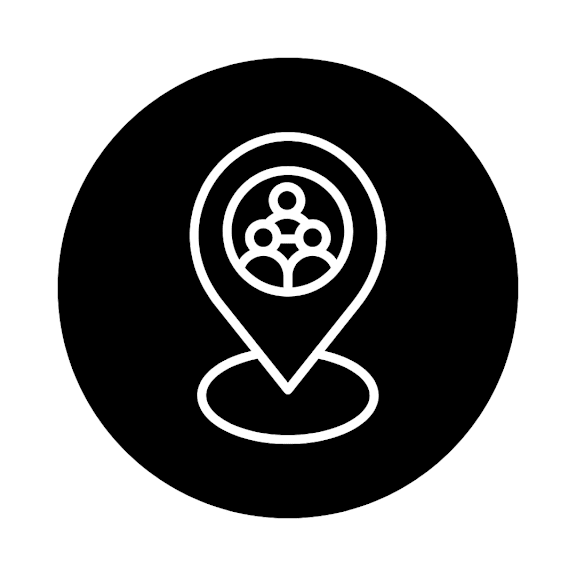 A black and white icon of a location pin with a group of people inside it.