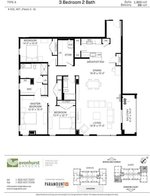 A floor plan for a 3 Bedroom 2 Bath suite.