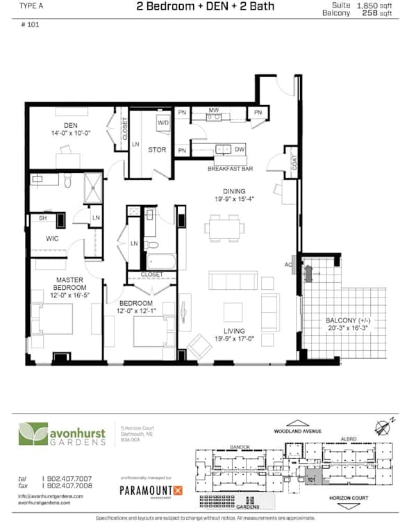 A floor plan for a 2 Bedroom + DEN + 2 Bath suite at Avonhurst Gardens.
