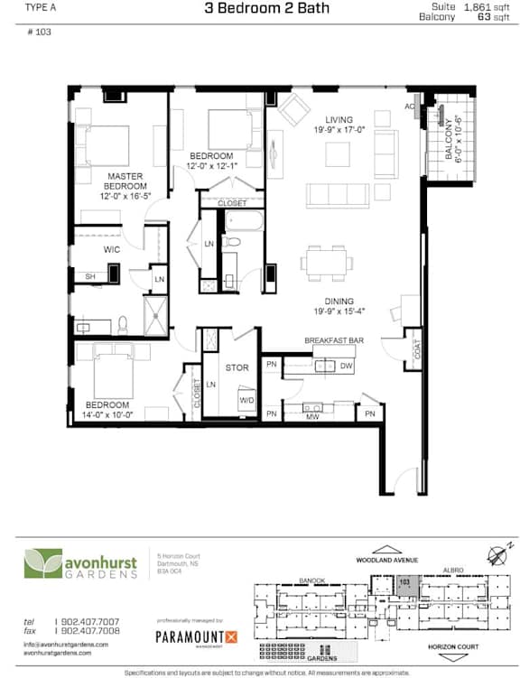 A floor plan for a 3 Bedroom 2 Bath suite.