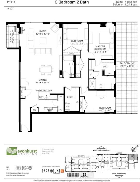 A floor plan for a 3 Bedroom 2 Bath suite at Avonhurst Gardens.