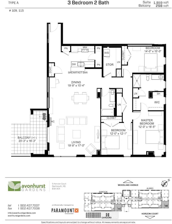 A floor plan for a 3 Bedroom 2 Bath home with Avonhurst Gardens.