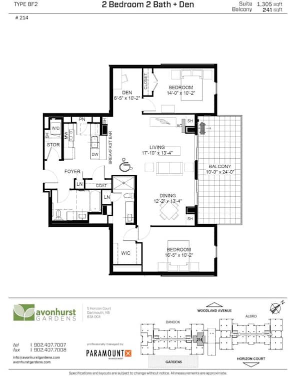 A floor plan for a 2 Bedroom 2 Bath + Den suite at Avonhurst Gardens.