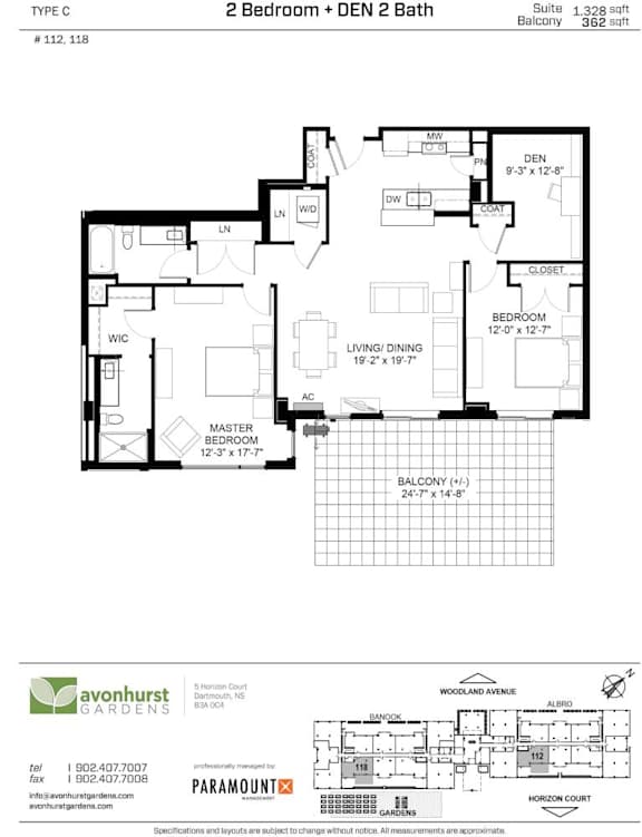 A floor plan for a 2 Bedroom + Den 2 Bath suite at Avonhurst Gardens.
