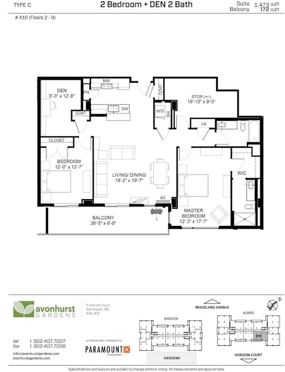 A floor plan for a 2 Bedroom + Den 2 Bath property.