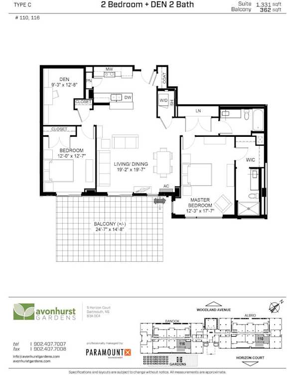 A floor plan for a 2 Bedroom + Den 2 Bath property.