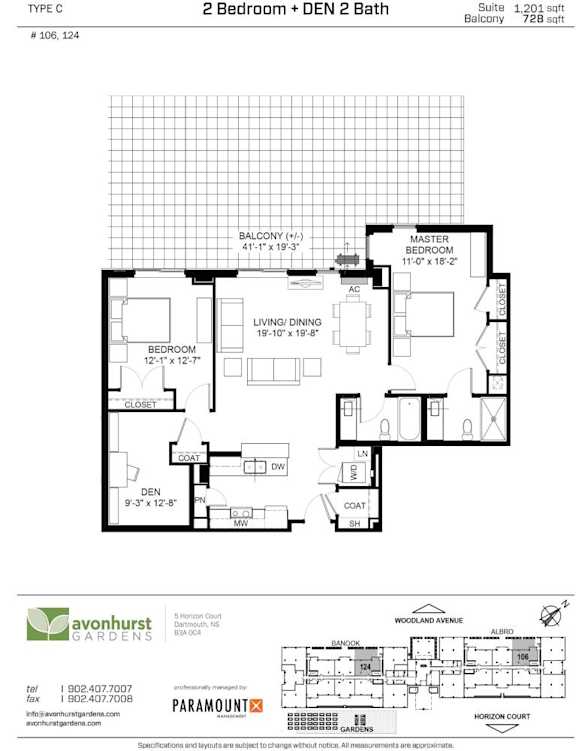 A floor plan for a 2 Bedroom + Den 2 Bath suite at Avonhurst Gardens.