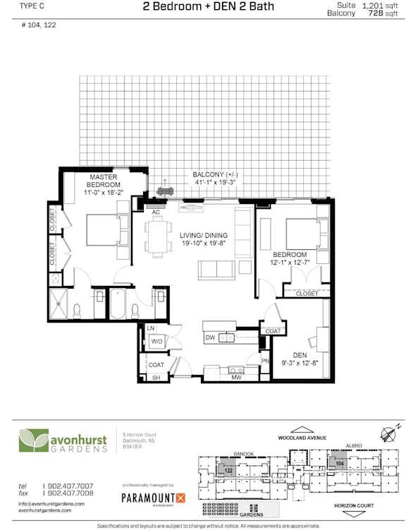 A floor plan for a 2 Bedroom + Den 2 Bath suite at Avonhurst Gardens.