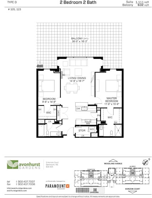 A floor plan for a 2 Bedroom 2 Bath suite at Avonhurst Gardens.