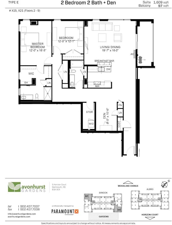 A floor plan for a 2 Bedroom 2 Bath + Den suite at Avonhurst Gardens.