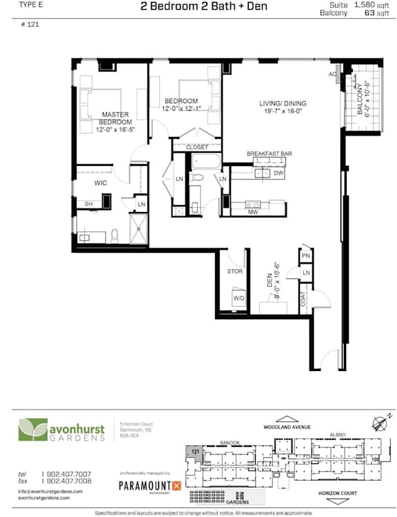 A black and white floor plan for a Type E 2 Bedroom 2 Bath + Den suite.