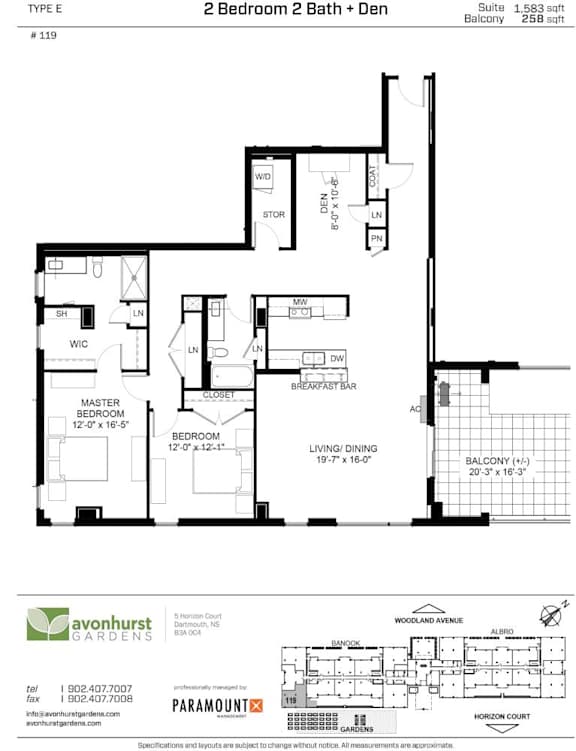 A floor plan for a 2 Bedroom 2 Bath + Den property.