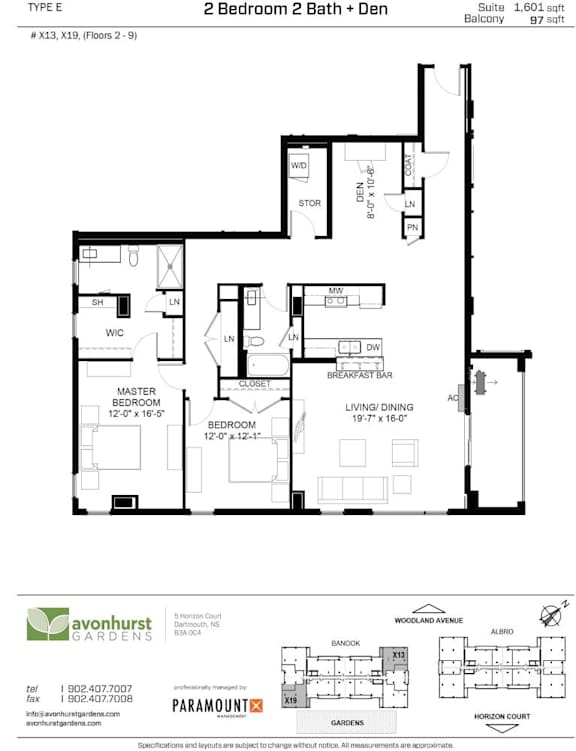 A floor plan for a 2 Bedroom 2 Bath + Den suite in Balcony at Avonhurst Gardens.