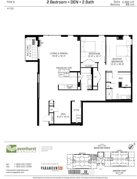A floor plan for a 2 Bedroom + DEN + 2 Bath suite in the Ballony building.