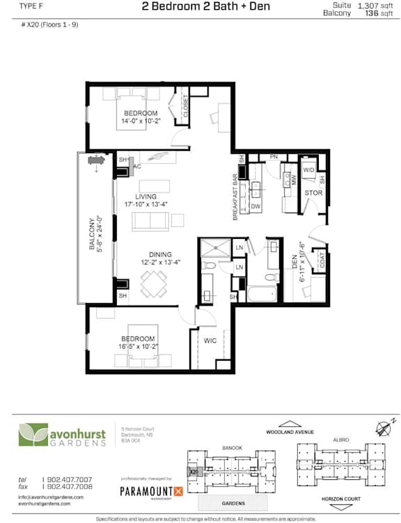 A floor plan for a 2 Bedroom 2 Bath + Den suite at Avonhurst Gardens.