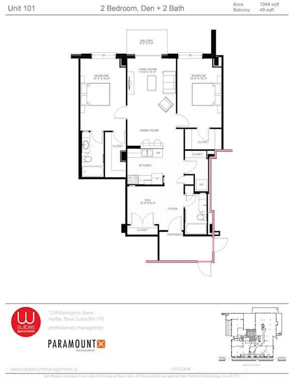 A floor plan for a 2 Bedroom, Den + 2 Bath unit.