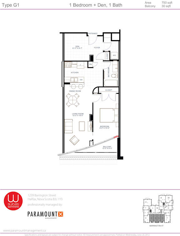 A floor plan for a 1 Bedroom + Den, 1 Bath apartment.