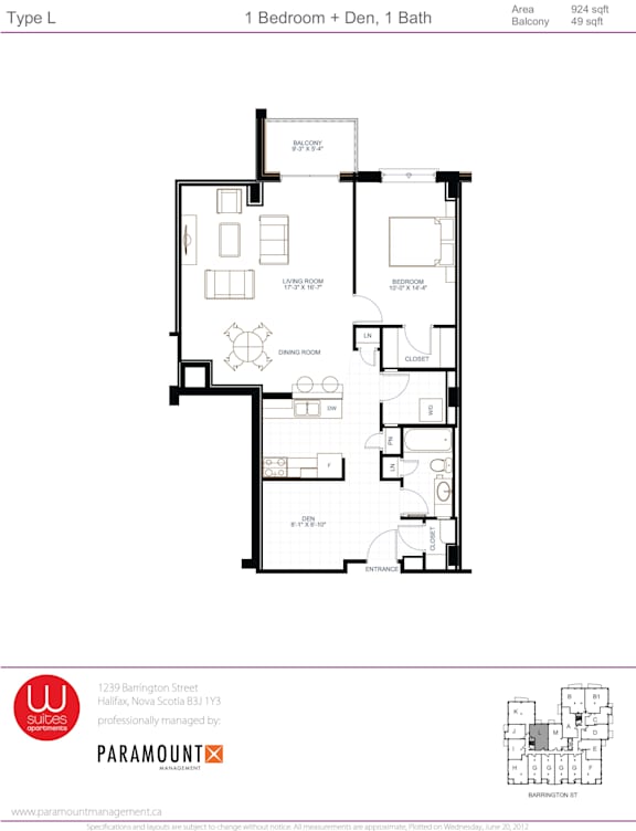 A floor plan for a Type L apartment with 1 bedroom, 1 den, and 1 bath.