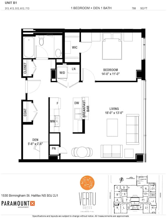 A floor plan for a 1 bedroom + den apartment with a bathroom.