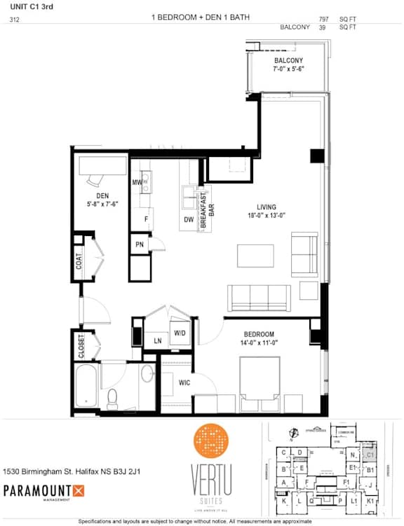 A black and white image of a floor plan for a unit at Paramount.