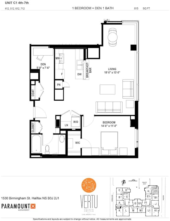 A black and white image of a floor plan for a 1 bedroom, 1 bath unit.