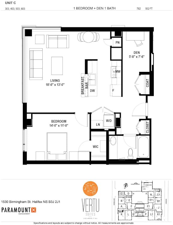 A black and white image of a floor plan for a 1 bedroom, 1 bath unit.