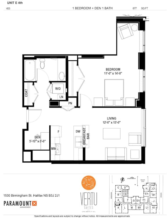A floor plan for a unit with a bedroom, living room, and bathroom.