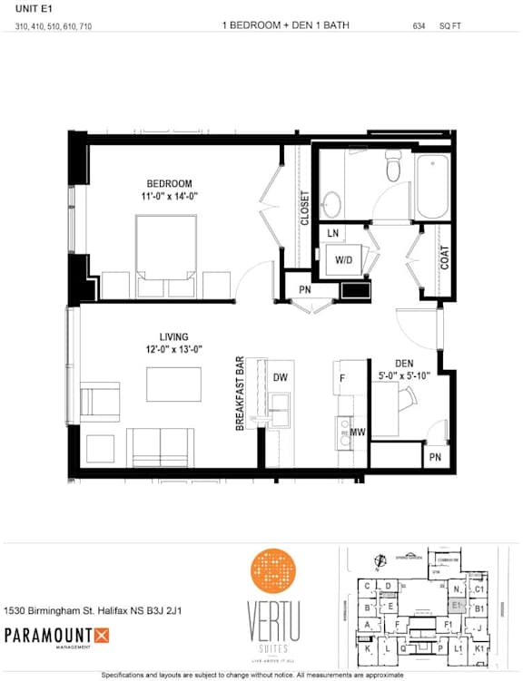A floor plan for a 1 bedroom, den 1 bath unit.