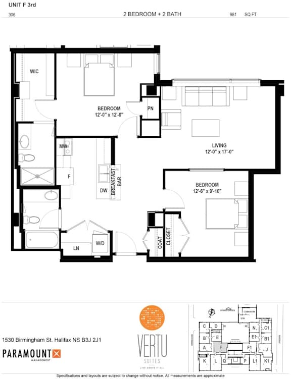 A black and white image of a floor plan for a 2 bedroom and 2 bath apartment.