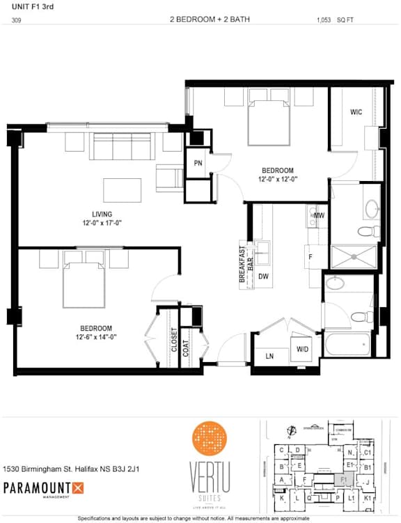 A black and white image of a floor plan for a 2 bedroom apartment.