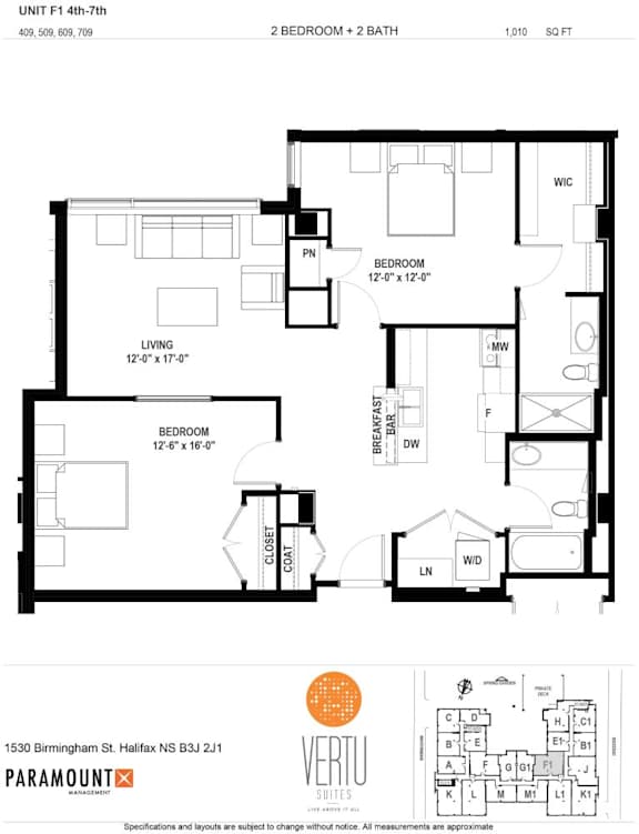 A black and white image of a floor plan for a 2 bedroom, 2 bath apartment.