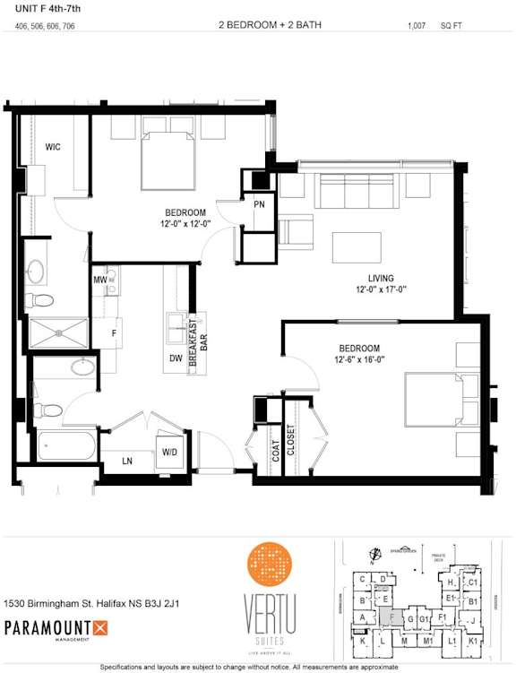 A black and white image of a floor plan for a 2 bedroom, 2 bath unit.