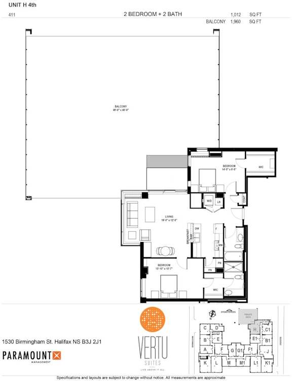 A floor plan for a 2 bedroom, 2 bathroom apartment.