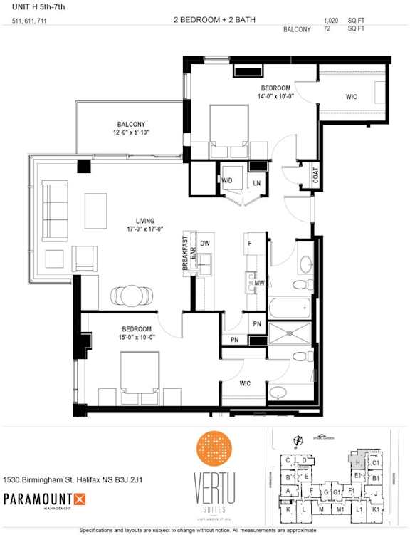 A black and white image of a floor plan for a unit at 1530 Birmingham St. Halifax NS 83J2.