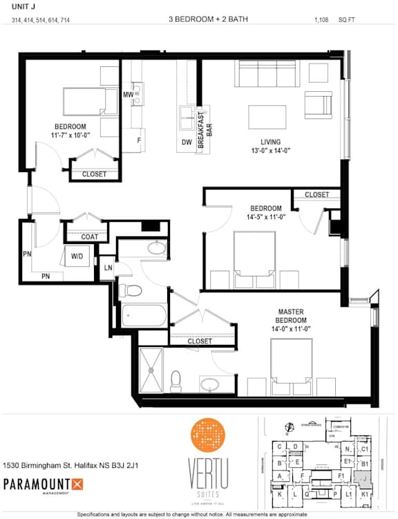 A black and white image of a floor plan for a 3 bedroom, 2 bath home.