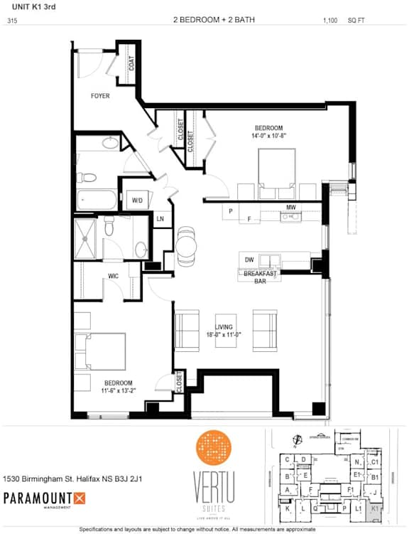 A floor plan for a 2 bedroom apartment with 2 bathrooms.