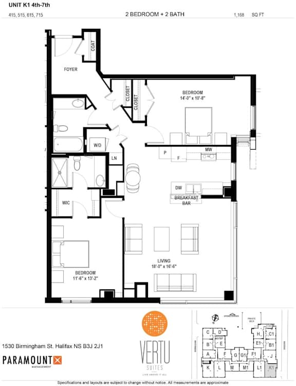 A black and white image of a floor plan for a 2 bedroom apartment.
