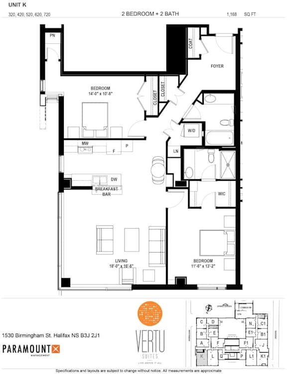 A black and white image of a floor plan for a 2 bedroom apartment.