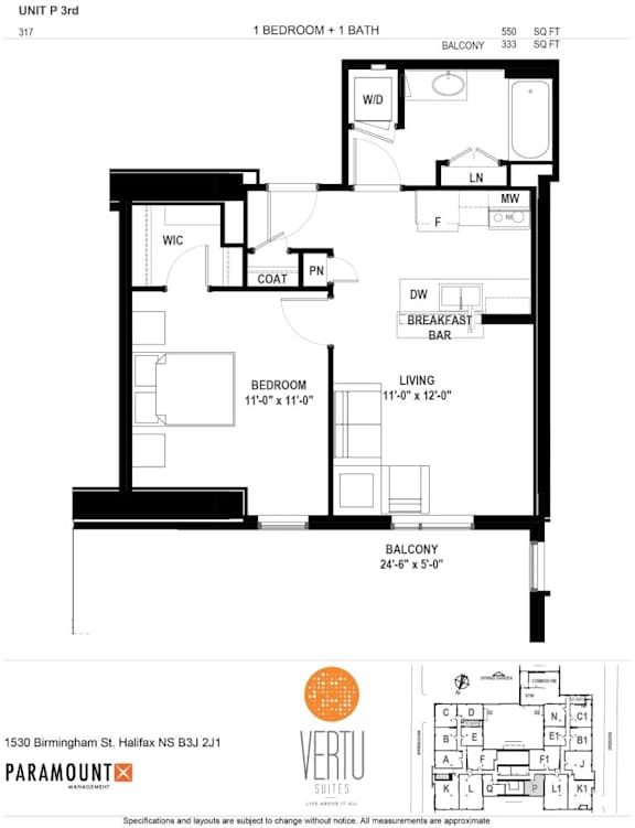 A black and white image of a floor plan for a unit with a bedroom, bathroom, living room, and kitchen.