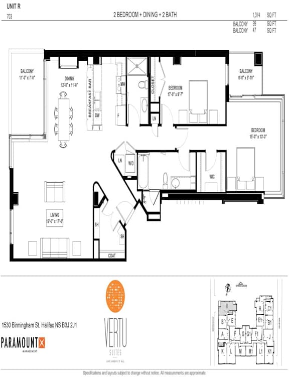 A floor plan of a 2 bedroom apartment with a den and garage.