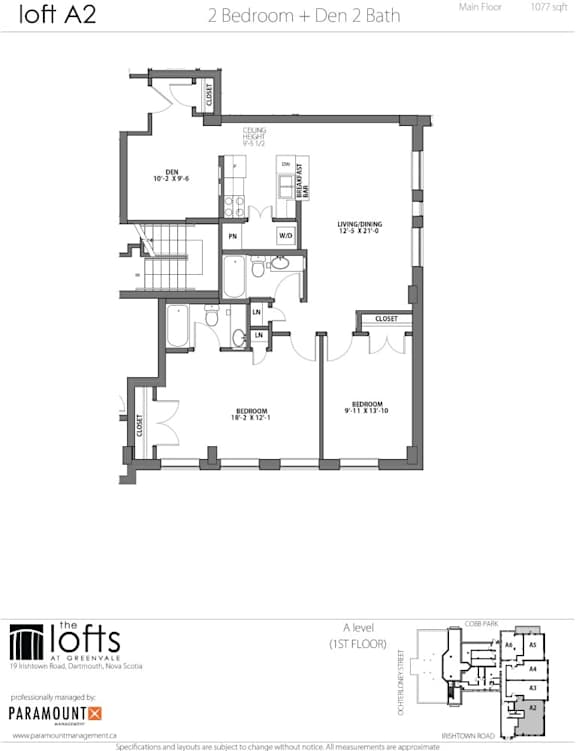 A drawing of a floor plan for a loft apartment with two bedrooms and two bathrooms.