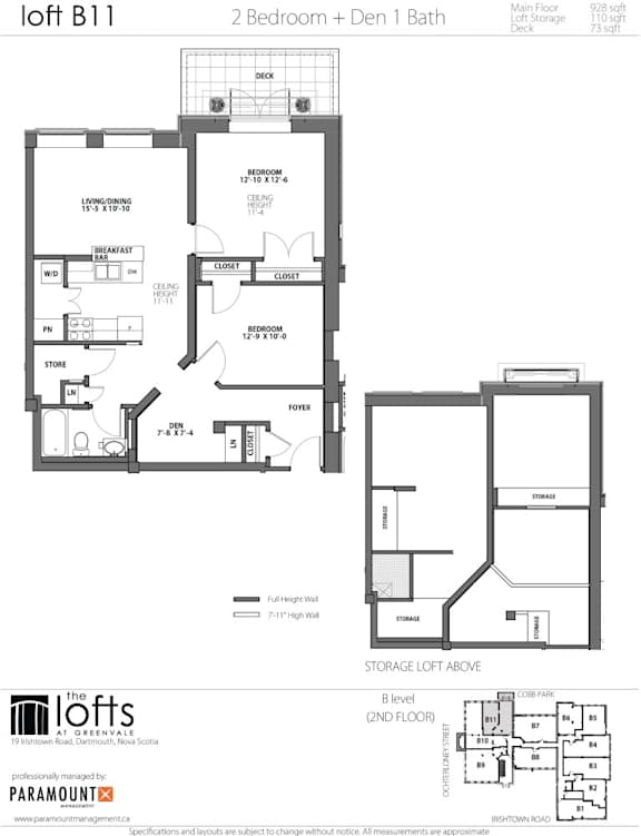 A floor plan for a 2 bedroom, den, and 1 bath loft.