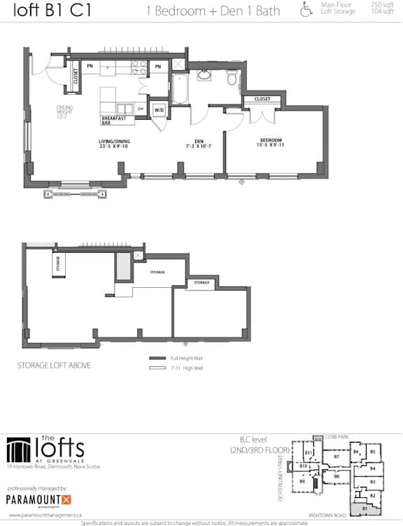 A floor plan for a loft apartment with one bedroom and den, one bath, and a main floor.