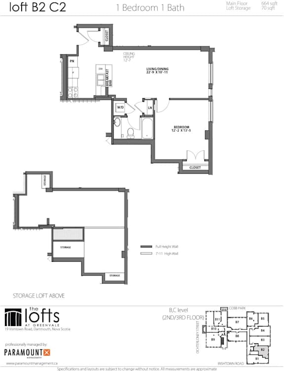 A black and white floor plan for a loft apartment with one bedroom and one bath.